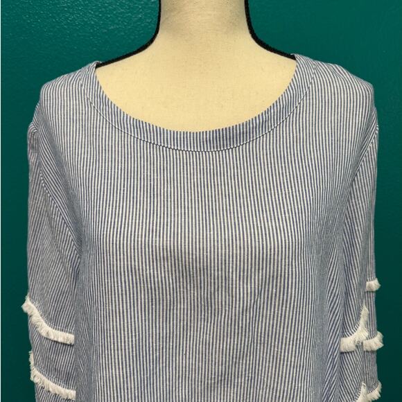 Cynthia Rowley Linen Cotton Blend Long Sleeve Blue & White Stripe Blouse 1X - Picture 7 of 10
